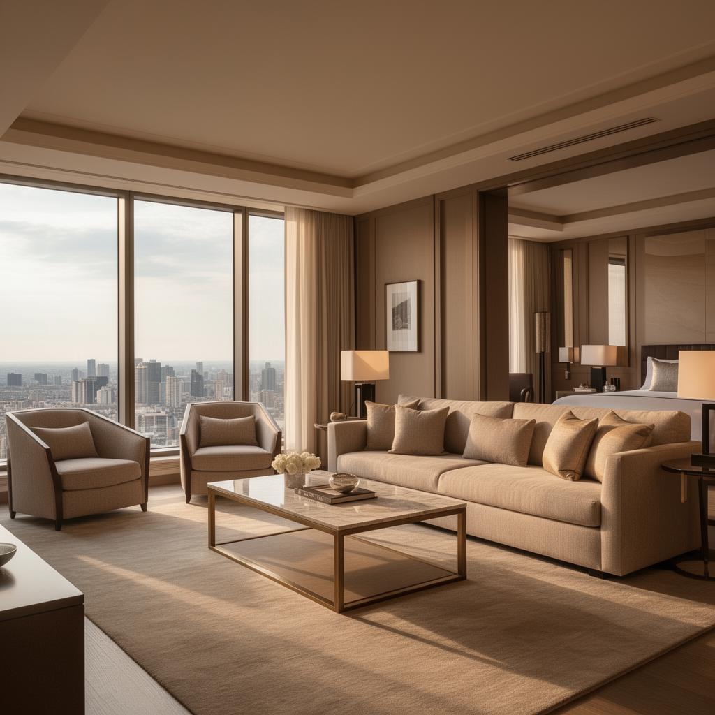 Interior elegante de suite em condo hotel com vista para a cidade