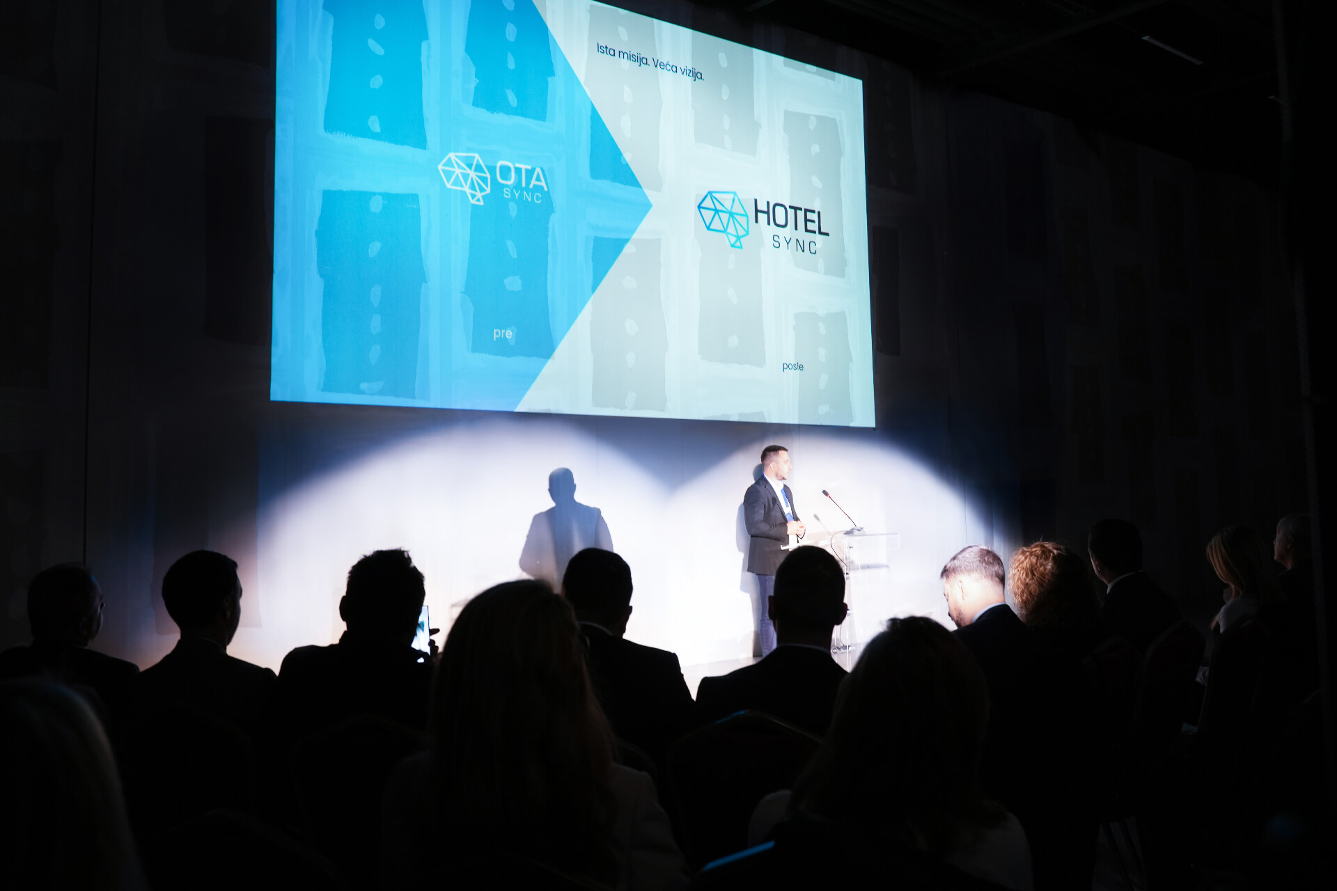 Apresentação do rebranding da HotelSync no palco, mostrando a transição de OTA Sync para HotelSync