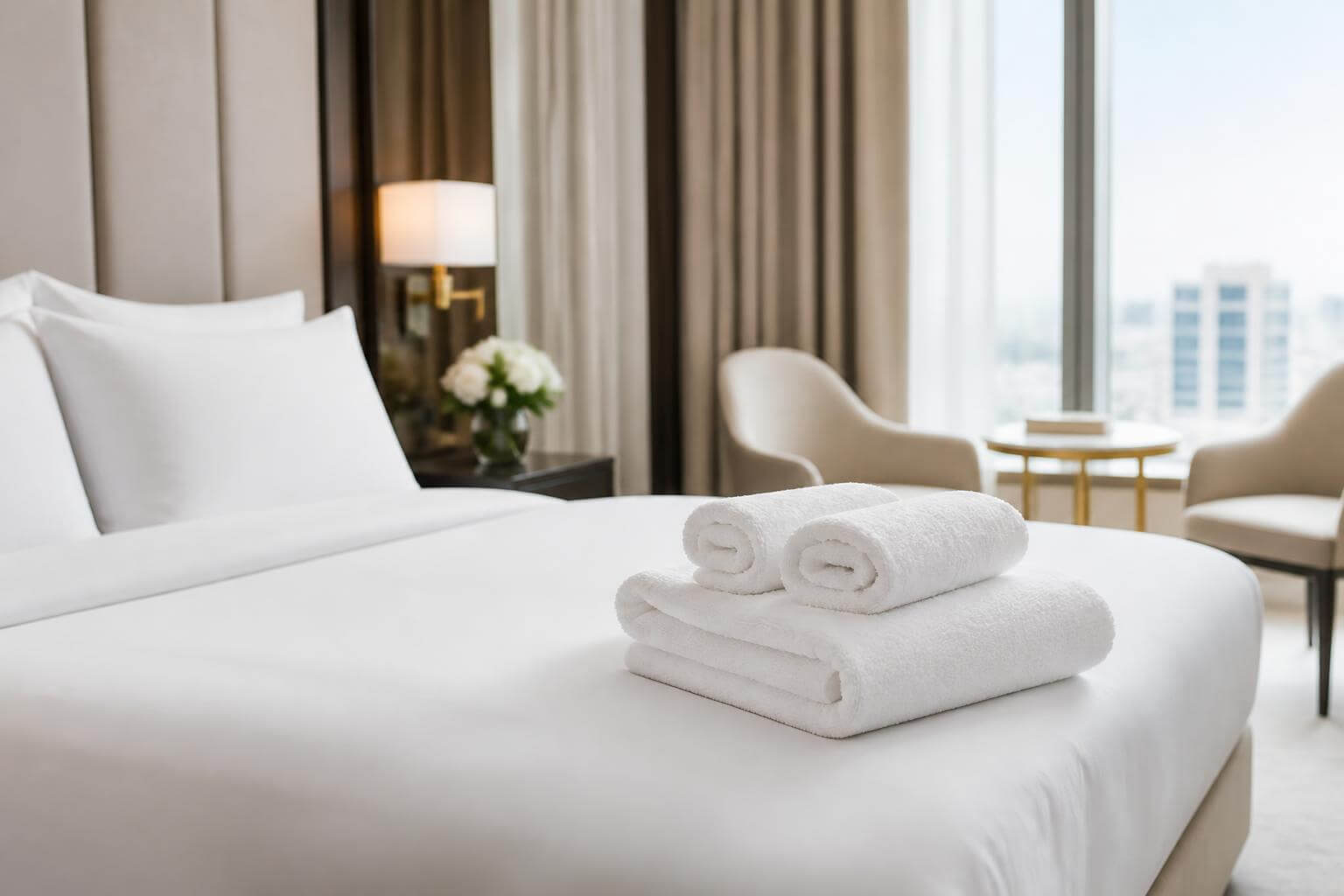 Quarto de hotel de luxo com toalhas brancas bem dobradas sobre uma cama feita de fresco